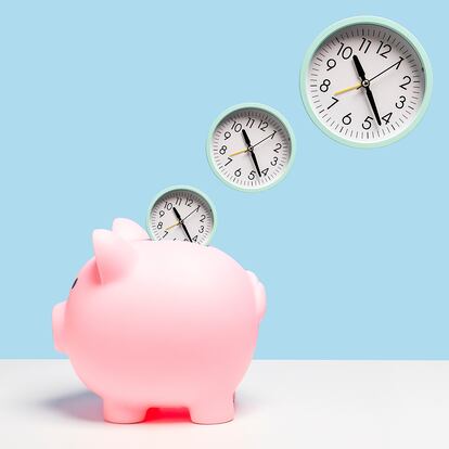Clocks in descending size order leading into pink piggy bank on white shelf, blue background