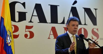 Santos speaks at an event commemorating the 25th anniversary of the death of liberal politician Luis Carlos Galán.