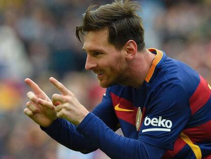Messi celebra el seu gol l'Espanyol.