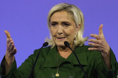 Marine Le Pen — president of the far-right French National Rally party — speaks during a gathering of the European Identity and Democracy bloc in Lisbon, on November 24.