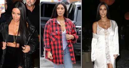 De izquierda a derecha: Kim Kardashian, con collares diseñados por Kanye West, a mitades de febrero en Nueva York, el 19 de enero en California y en el desfile de Givenchy el pasado octubre en París.