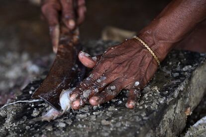 Una mujer refugiada rohingya corta pescado para secarlo mientras trabaja en el patio de secado de pescado de Nazirartek, cerca de Cox's Bazar (Bangladesh)