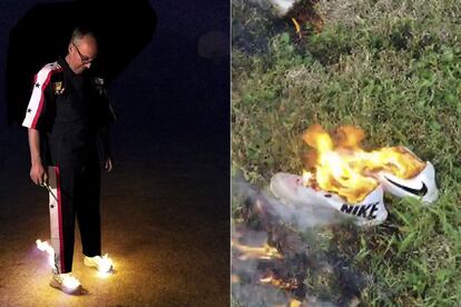 Dos usuarios de Twitter quemando sus zapatillas Nike por considerarla una firma "antipatriótica".