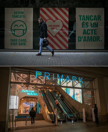 Escaparate del Primark clausurado en el centro comercial La Diagonal de Barcelona. Arriba, entrada del Primark de la Gran Vía de Madrid.