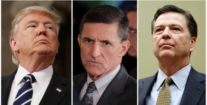 Donald Trump, el ex consejero de seguridad Mike Flynn, implicado en el escándalo de Rusia, y James Comey, exdirector del FBI.