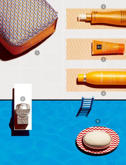 PISCINA. 1. Neceser de Hermès (580 euros) con estampados Tool Box y Mors Ajoures. 2. Soleil Bronzer SPF 30 Protective Mist, de Lancôme (30 euros). Bruma corporal con alta protección, que mantiene la piel nutrida e hidratada, además de protegida. 3. Crema solar facial antiarrugas SPF 50 de Apivita (24,50 euros). Con filtros naturales de amplio espectro y hoja de olivo, que previene y reduce las arrugas.4. Soleil Shampooing, de La Biosthétique (18,50 euros). Champú que elimina los restos de agua salada y clorada, protegiendo el cabello frente a la pérdida de color y brillo. 5. Bálsamo labial Karl Lagerfeld + Modelco (9,95 euros). Nutritivo e hidratante, deja un suave efecto brillante. 6. Barra limpiadora 3 en 1 TimeWise®, de Mary Kay (25,50 euros). Limpia, exfolia y refresca la piel del rostro sin dejar rastro de tirantez.