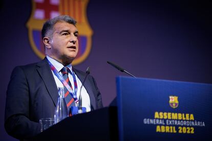 Joan Laporta, en la Asamblea de este domingo.