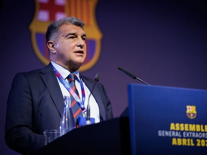 Joan Laporta, en la Asamblea de este domingo.