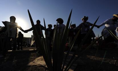 Miles de personas esperan la llegada del Papa al parque del Bicentenario, en Silao, Guanajuato.