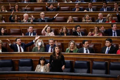 Los diputados de la bancada del PP protestan durante la intervención de la ministra de Igualdad, Irene Montero, en la sesión de control al Gobierno el pasado 30 de octubre en el Congreso.