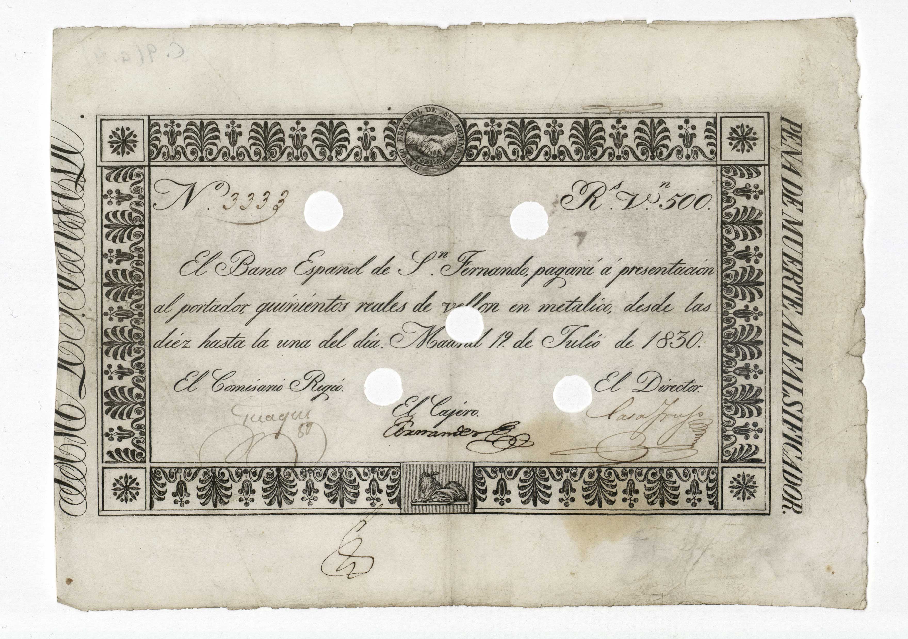 Billete del Banco de San Fernando, de 1830, con el lema a la derecha "Pena de muerte al falsificador".
