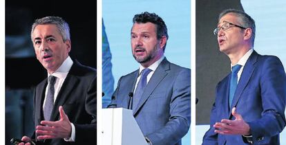 Sergio Álvarez Camiña, director general de Seguros y Fondos de Pensiones, Rodrigo Buenaventura, presidente de la CNMV, y Pablo Hernández de Cos, gobernador del Banco de España.