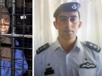 A la izquierda, la presa iraquí Sayida al Rishawi. A la derecha, Moaz al Kasasbeh, jordano en manos del EI.