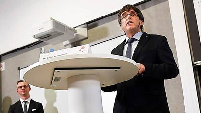 Puigdemont en la seva conferència a Copenhaguen.