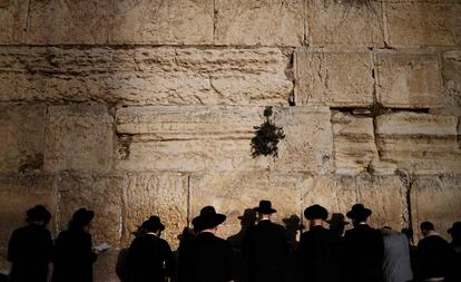 Un grupo de hombres judíos ultra ortodoxos rezan en el Muro Occidental en la Ciudad Vieja de Jerusalén, el 21 de enero de 2019.