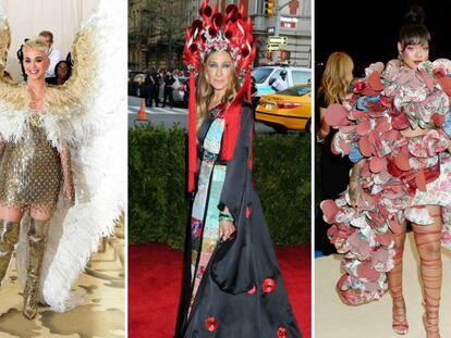 De izquierda a derecha, Katy Perry, Sarah Jessica Parker y Rihanna en algunas de sus apariciones en la Gala Met.