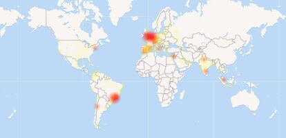 Mapa de la procedencia de los informes sobre la caída de WhatsApp (downdetector.com)