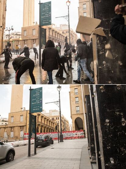 Beirut enfrentamientos entre jóvenes manifestantes y policías antidisturbios. Abajo, el mismo lugar el 26 de marzo.