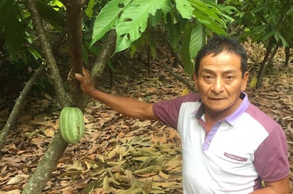 Óscar Velázquez junto a un fruto de cacao.