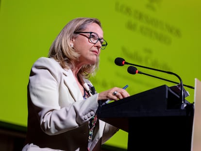 La presidenta del Banco Europeo de Inversiones, Nadia Calviño, este lunes en el Ateneo de Madrid.
