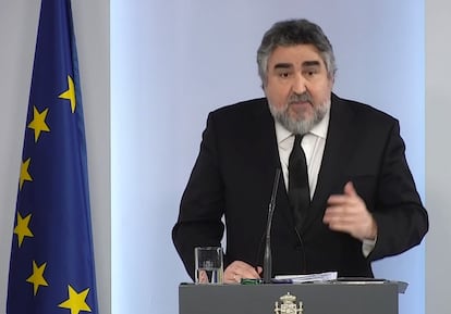 El ministro de Cultura y Deporte, José Manuel Rodríguez Uribes, durante la rueda de prensa posterior a la reunión del Consejo de Ministros, este martes en Moncloa.