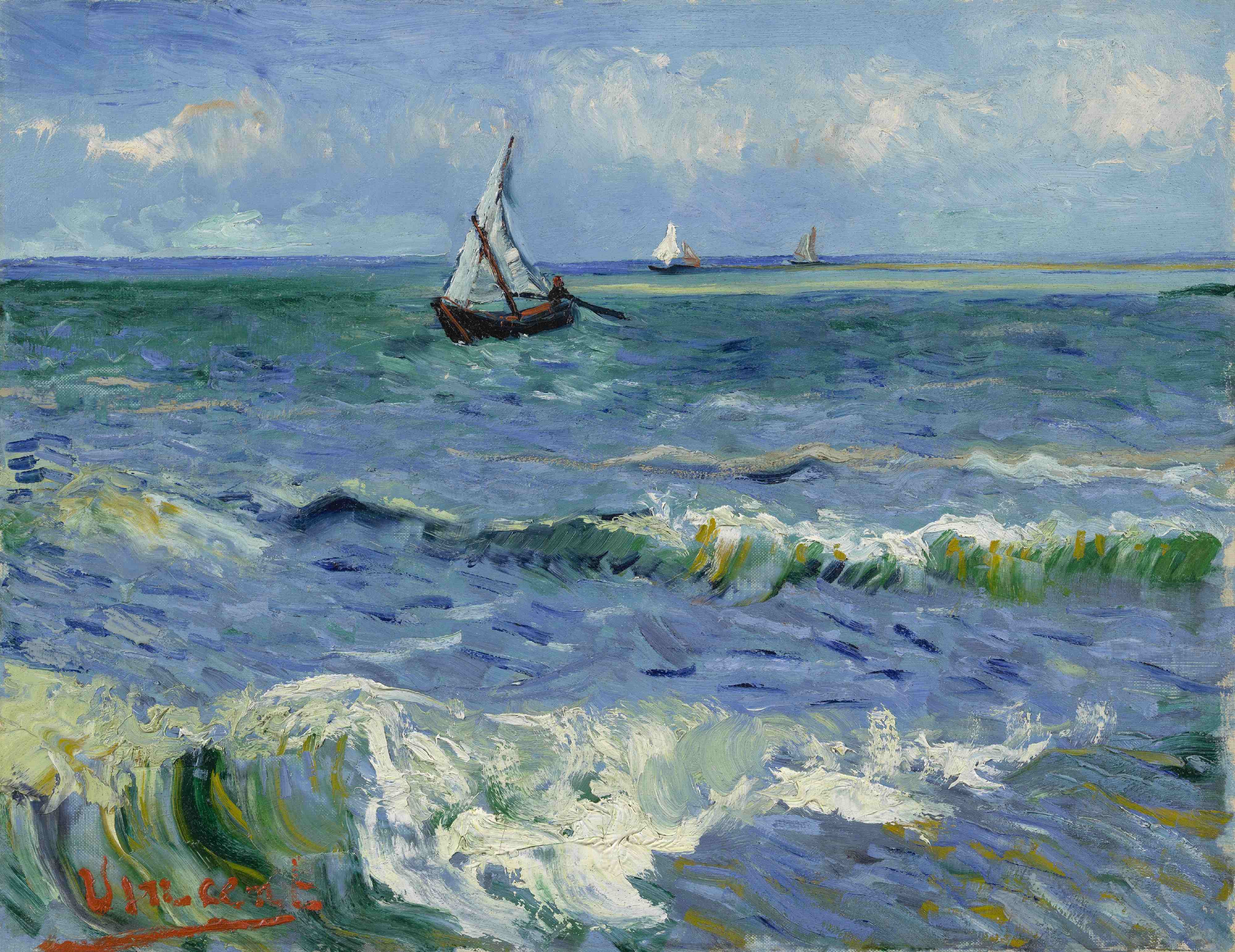 En 'Marina cerca de Les Saintes-Maries-de-la-Mer' (1888), óleo pintado al aire libre, Van Gogh firma en rojo en la parte inferior izquierda como Vincent.