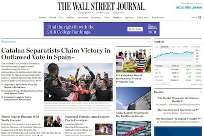 Otro de los referentes internacionales de la prensa económica, el estadounidense 'The Wall Street Journal', titula en su versión online: "Los separatistas catalanes proclaman su victoria en el voto ilegal en España". El diario afirma que España se sitúa así al "borde de una crisis política y constitucional". 