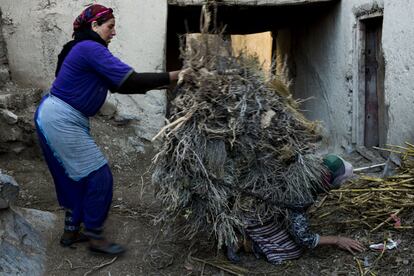 Una mujer carga con un fajo de leña. Un fajo de leña suele pesar en torno a 25 kilos.