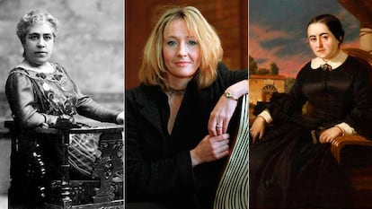 Desde la izquierda, las escritoras Caterina Albert i Paladís,  J. K. Rowling y Cecilia Böhl de Faber.