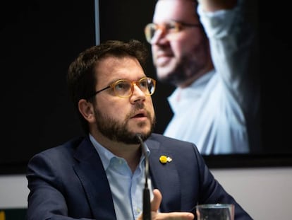 El 'vicepresident' de la Generalitat durante la presentación del libro 'Pere Aragonès, l'independentisme pragmàtic'.