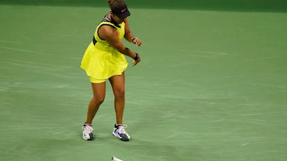 Naomi Osaka, of Japan, throws her racket down during a match against Leylah Fernandez, of Canada, at the third round of the US Open tennis championships, Friday, Sept. 3, 2021, in New York. (AP Photo/Frank Franklin II)