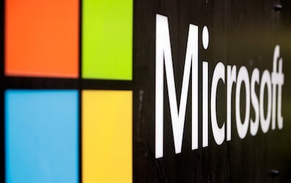 The Microsoft company logo is displayed at their offices in Sydney, Australia.