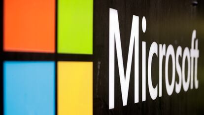 The Microsoft company logo is displayed at their offices in Sydney, Australia.