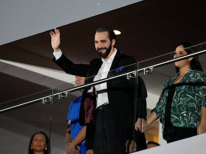 Salvadoran President Nayib Bukele waves during the opening ceremony of the Central American and Caribbean Games, in San Salvador, El Salvador, on June 23, 2023.