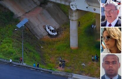 Lugar en el que fue hallado el coche con el cadáver de Kyriakos Amiridis (arriba a la derecha). Debajo, la esposa y el amante de esta, acusados del crimen.