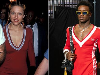 Madonna, en la alfombra roja en 1993, y, a la derecha, su hijo David Banda el pasado sábado con un vestido de Gucci y Adidas inspirado en el que lució la cantante.