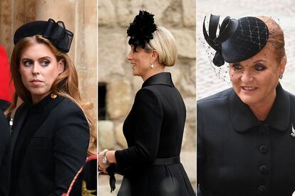 De izquierda a derecha, las nietas de Isabel II Beatriz de York y Zara Tindall, y Sarah Ferguson, madre de la primera.