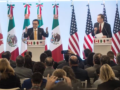 Los ministros a cargo de la negociación: Freeland (Canadá), Guajardo (México) y Lighthizer (EE UU).