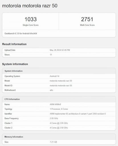 Datos del Motorola Razr 50 en la prueba Geekbench