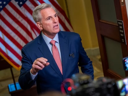 Speaker of the House Kevin McCarthy responds to a question from the news media on July 25, 2023.