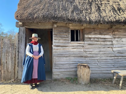 Malka Benjamin, dressed as a pilgrim, at the Plymouth Patuxet Museum this week.