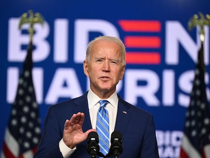 El candidato presidencial demócrata Joe Biden habla en el Chase Center en Wilmington, Delaware, el pasado miércoles por la noche. 