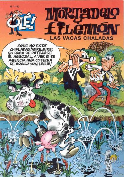 Hoy parece un chiste (como el tema que nos ocupa), pero en 1996 todos vivíamos con la paranoia provocada por la encefalopatía espongiforme bovina o enfermedad de las vacas locas, que podía transmitirse a los humanos por el consumo de carne infectada. La crisis dejó 117 casos diagnosticados en todo el mundo, cientos de miles de reses sacrificadas, una intervención antológica de la ministra de Sanidad, Celia Villalobos, dando la receta del caldo, y este cómic, en el que la culpa de la epidemia es, como de costumbre, del merluzo del profesor Bacterio. Aunque eso lleva a Mortadelo y Filemón a Inglaterra no hay en todo el tebeo un 'gag' comparable al de Villalobos.