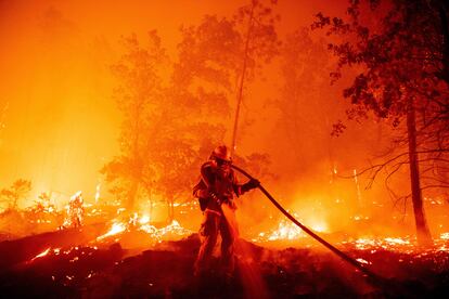 Un bombero intenta sofocar el incendio de Mader (California), el 7 de septiembre. 