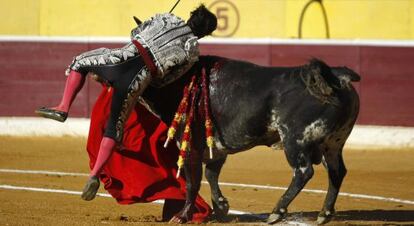 El torero "Morante de la Puebla", en el momento de ser herido por su primer toro en Huesca.