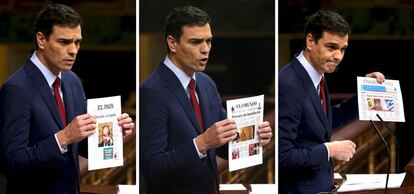 Pedro Sánchez muestra varias portadas de diarios durante su discurso en la sesión de la tarde del debate del estado de la nación.