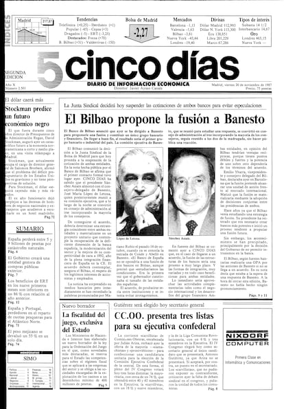 1987: primeras fusiones en banca. Llega la primera gran consolidación bancaria tras la crisis financiera de los años previos. José Ángel Sánchez Asiaín, presidente del Banco de Bilbao, abre el proceso con una propuesta de fusión a Banesto, que termina en una opa rechazada por la Bolsa de Madrid; acelera la fusión del Bilbao y el Vizcaya, y revoluciona las cúpulas de Banesto, Central e Hispano.