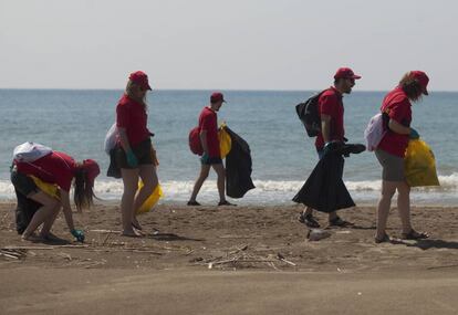 Voluntarios recogiendo residuos de una playa del delta del Ebro (Tarragona).