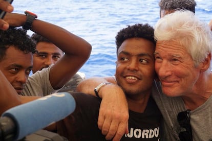 El actor, a bordo del 'Open Arms' en agosto de 2019, cuando el entonces ministro del Interior italiano, Matteo Salvini, impidió el desembarco de los migrantes.