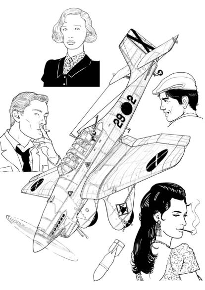 Bocetos de Gerardo Balsa de un Stuka y de los protagonistas de 'La sombra del cóndor'